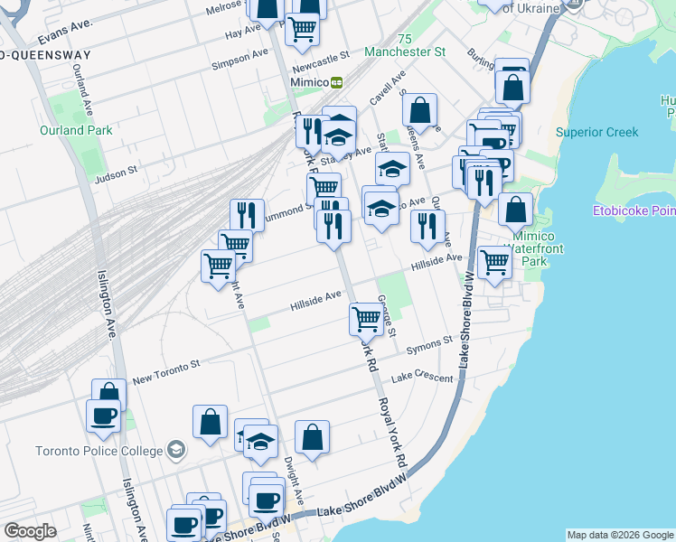 map of restaurants, bars, coffee shops, grocery stores, and more near in Toronto