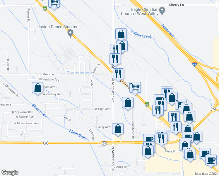 map of restaurants, bars, coffee shops, grocery stores, and more near 2805 North Middleton Road in Nampa