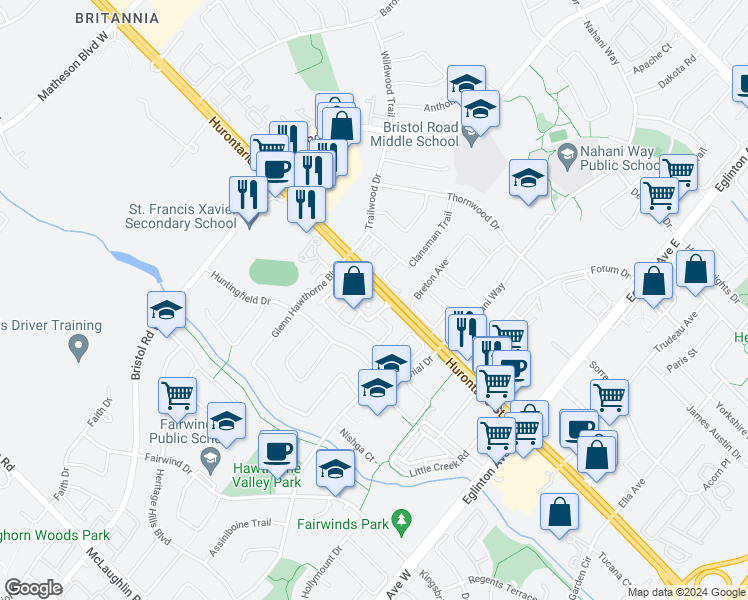 map of restaurants, bars, coffee shops, grocery stores, and more near 55 Strathaven Drive in Mississauga