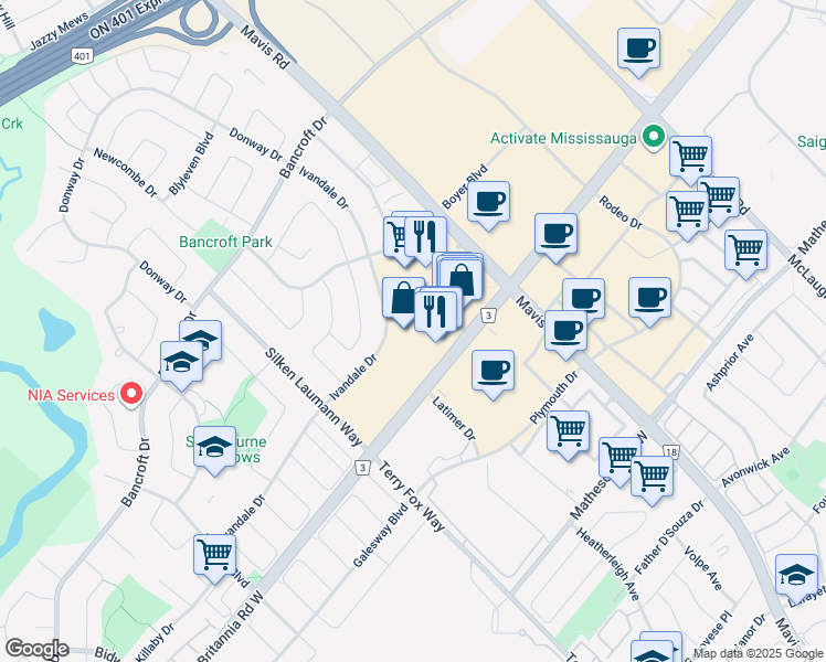 map of restaurants, bars, coffee shops, grocery stores, and more near 785 Britannia Road West in Mississauga