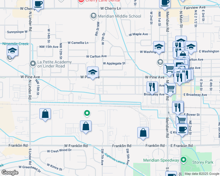 map of restaurants, bars, coffee shops, grocery stores, and more near 623 West Idaho Avenue in Meridian