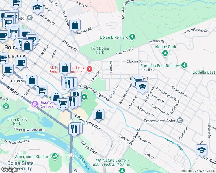map of restaurants, bars, coffee shops, grocery stores, and more near 213 Flume Street in Boise