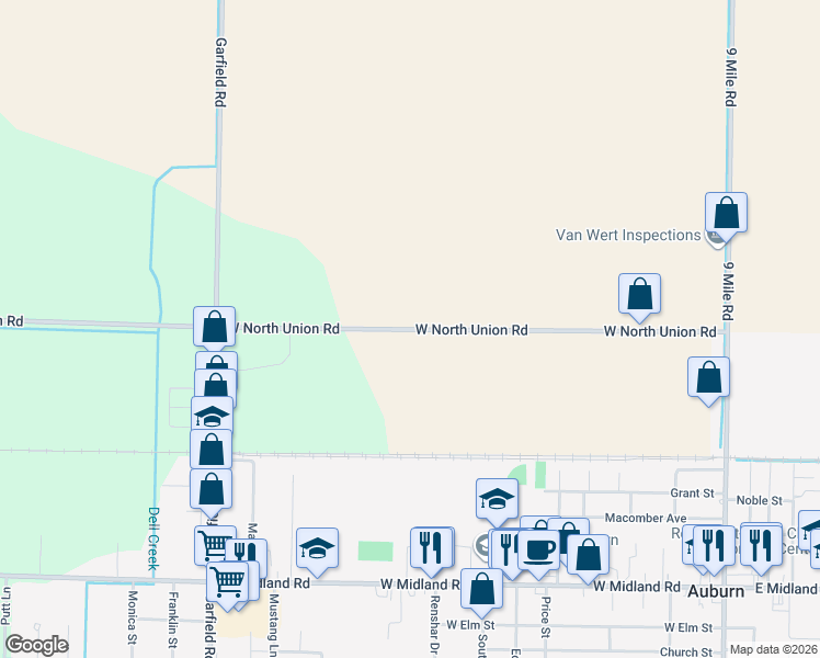 map of restaurants, bars, coffee shops, grocery stores, and more near 800 West North Union Road in Auburn