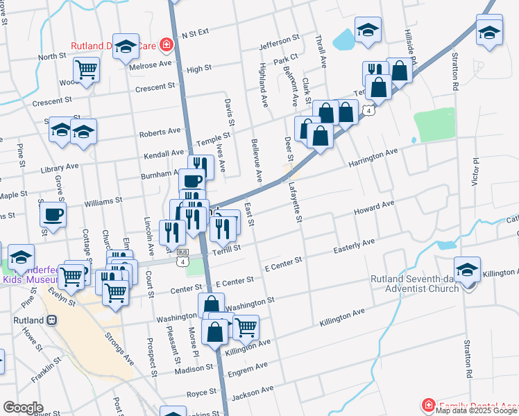 map of restaurants, bars, coffee shops, grocery stores, and more near 41 Edgerton Street in Rutland