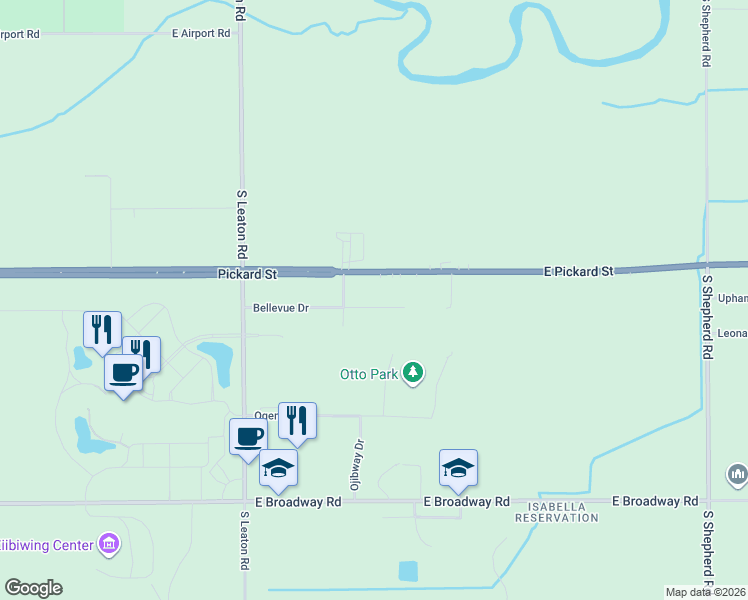 map of restaurants, bars, coffee shops, grocery stores, and more near 7265 Bellevue Drive in Mount Pleasant