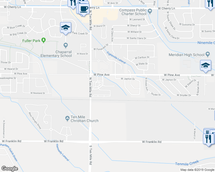 map of restaurants, bars, coffee shops, grocery stores, and more near 2996 West Marbeth Court in Meridian