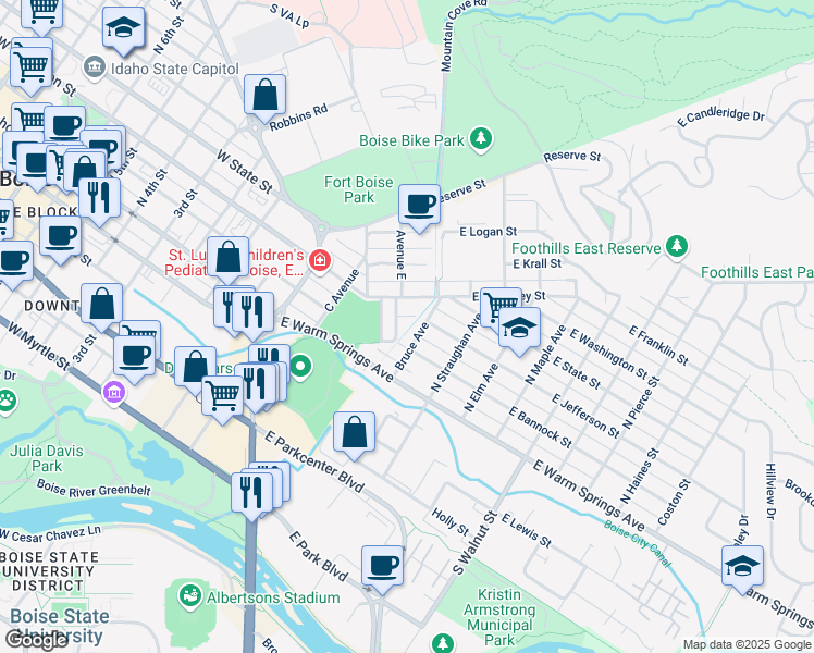 map of restaurants, bars, coffee shops, grocery stores, and more near 211 North Bruce Avenue in Boise