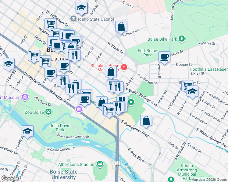 map of restaurants, bars, coffee shops, grocery stores, and more near 114 East Warm Springs Avenue in Boise