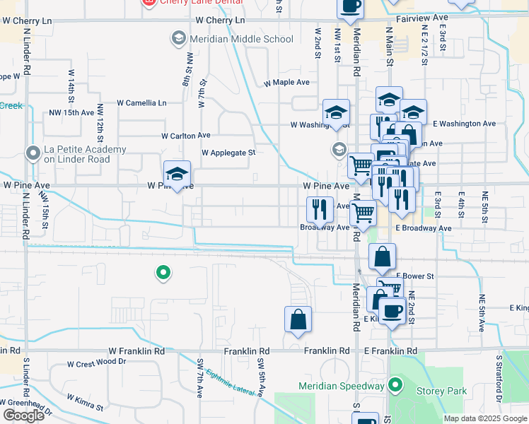 map of restaurants, bars, coffee shops, grocery stores, and more near 403 West Idaho Avenue in Meridian