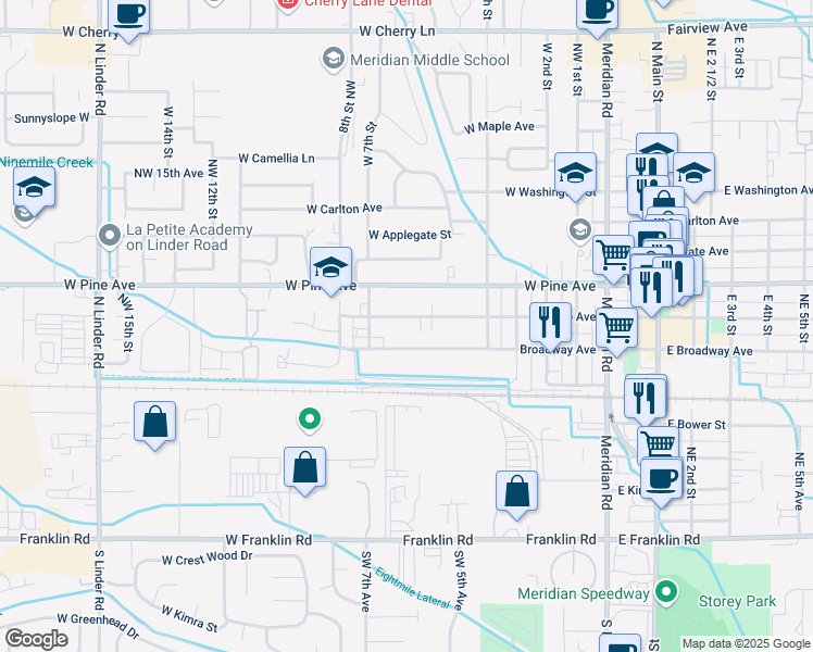 map of restaurants, bars, coffee shops, grocery stores, and more near 561 West Idaho Avenue in Meridian