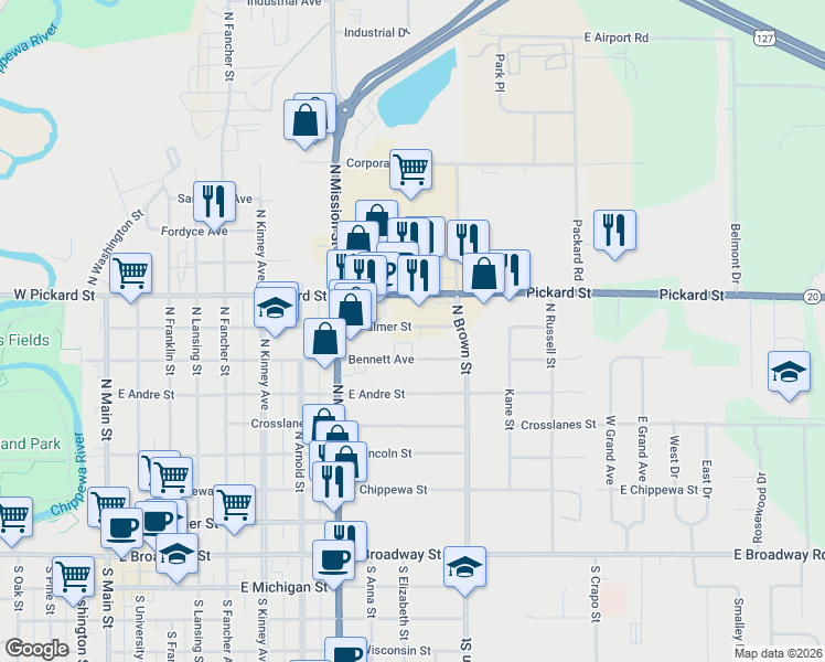 map of restaurants, bars, coffee shops, grocery stores, and more near 1000 East Pickard Street in Mount Pleasant