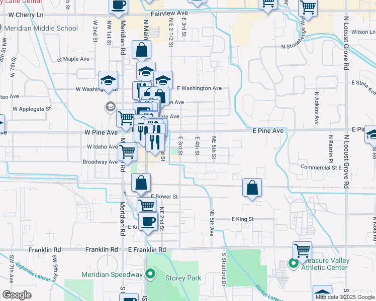 map of restaurants, bars, coffee shops, grocery stores, and more near 319 East Idaho Avenue in Meridian