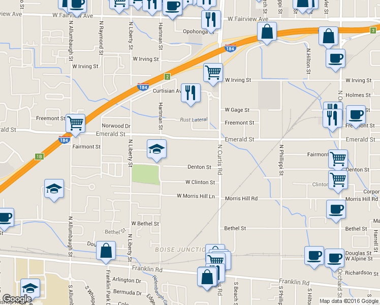 map of restaurants, bars, coffee shops, grocery stores, and more near 711 North Curtis Road in Boise