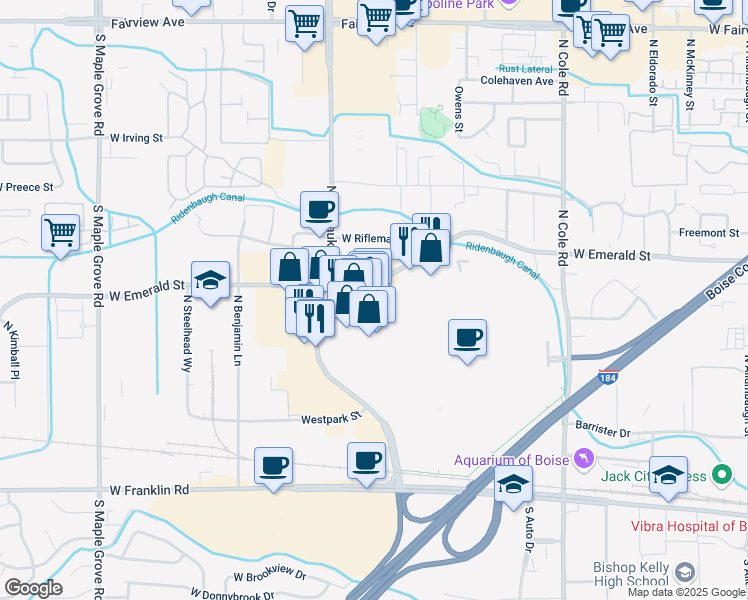 map of restaurants, bars, coffee shops, grocery stores, and more near 8199 West Emerald Street in Boise