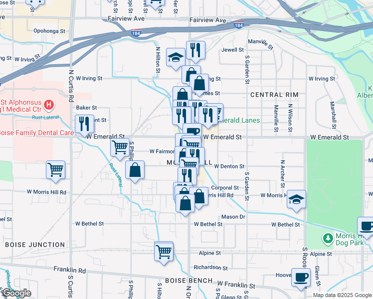 map of restaurants, bars, coffee shops, grocery stores, and more near 5012 West Fairmont Street in Boise