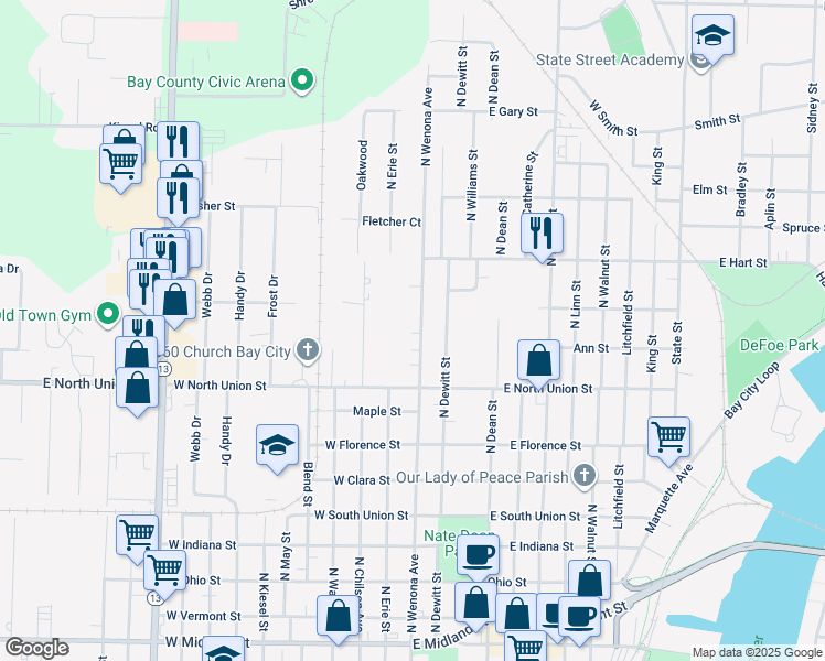 map of restaurants, bars, coffee shops, grocery stores, and more near 919 North Wenona Avenue in Bay City