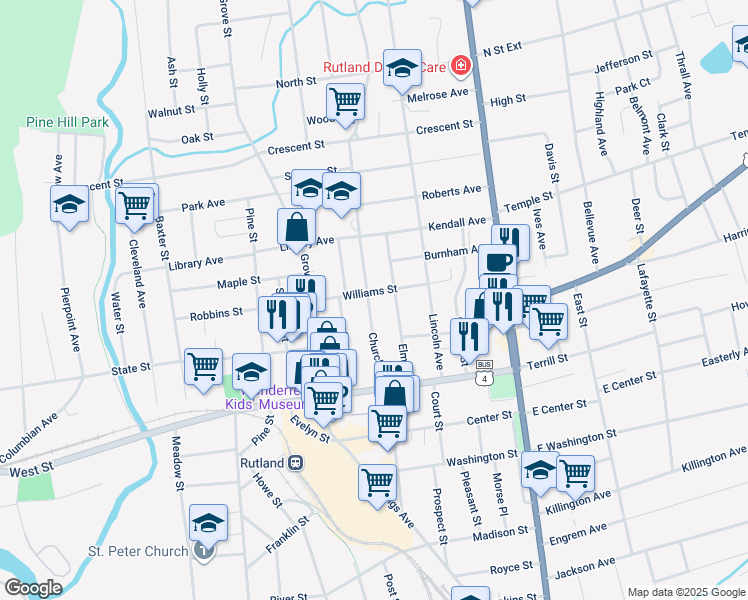 map of restaurants, bars, coffee shops, grocery stores, and more near 52 Williams Street in Rutland