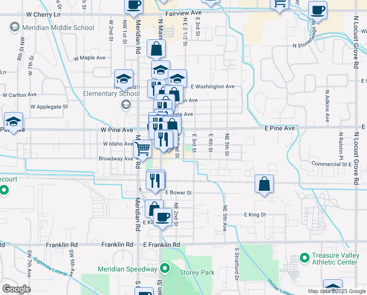 map of restaurants, bars, coffee shops, grocery stores, and more near 223 East Idaho Avenue in Meridian