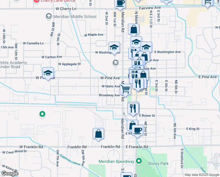 map of restaurants, bars, coffee shops, grocery stores, and more near 123 West Idaho Avenue in Meridian