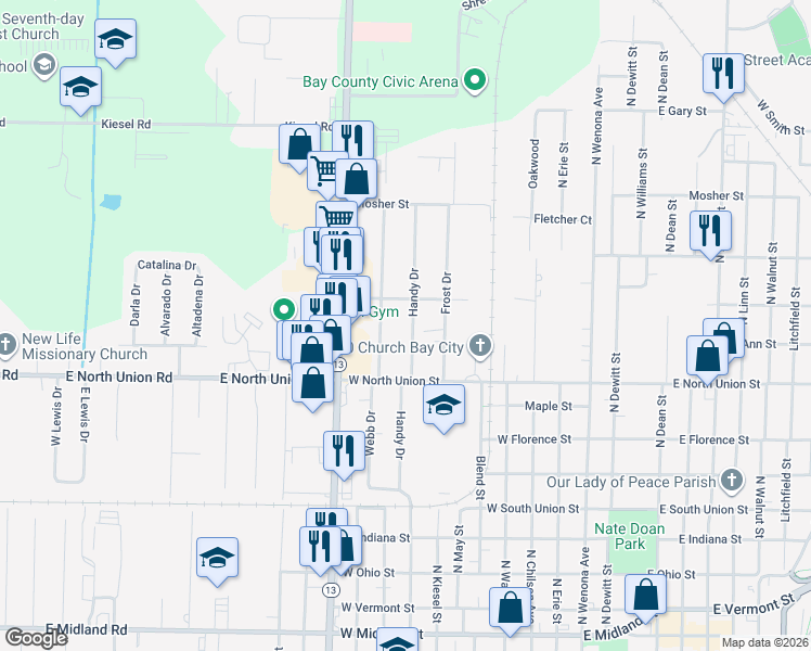 map of restaurants, bars, coffee shops, grocery stores, and more near 612 Handy Drive in Bay City