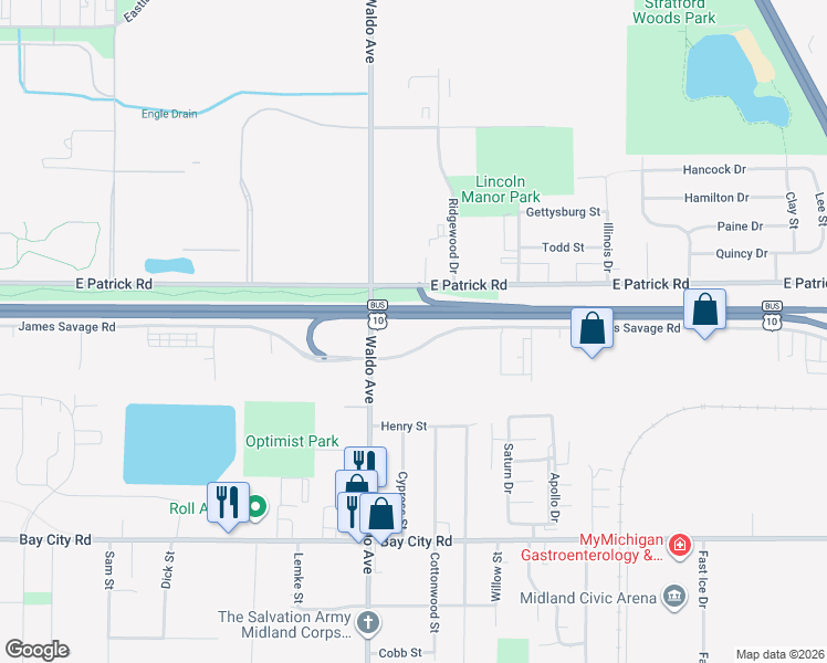 map of restaurants, bars, coffee shops, grocery stores, and more near Highway 20 in Midland