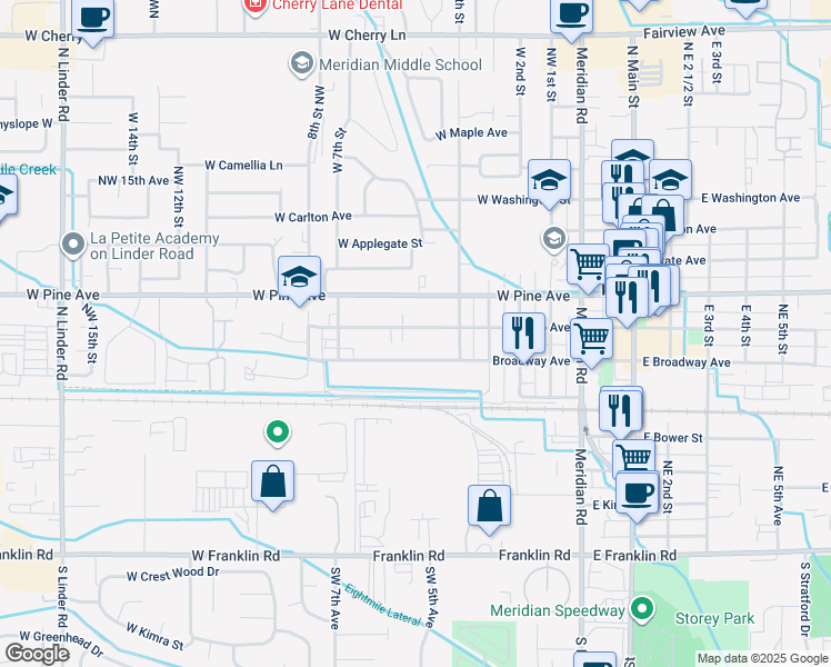 map of restaurants, bars, coffee shops, grocery stores, and more near 523 West Idaho Avenue in Meridian