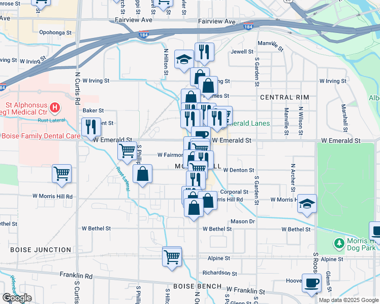 map of restaurants, bars, coffee shops, grocery stores, and more near 5012 West Fairmont Street in Boise
