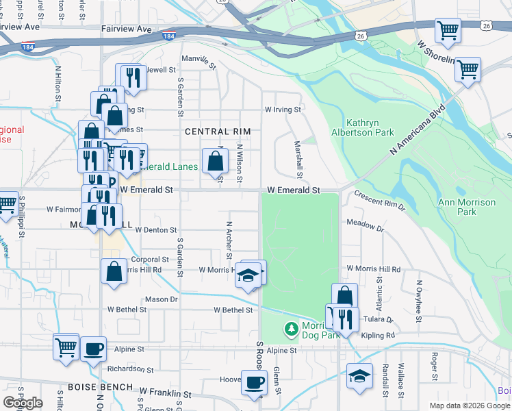 map of restaurants, bars, coffee shops, grocery stores, and more near 703 North Roosevelt Street in Boise