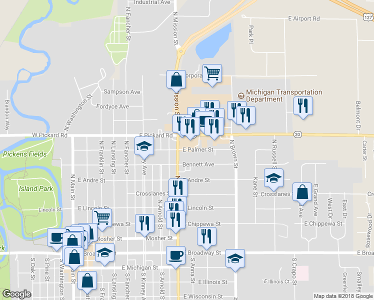 map of restaurants, bars, coffee shops, grocery stores, and more near 806 East Palmer Street in Mount Pleasant