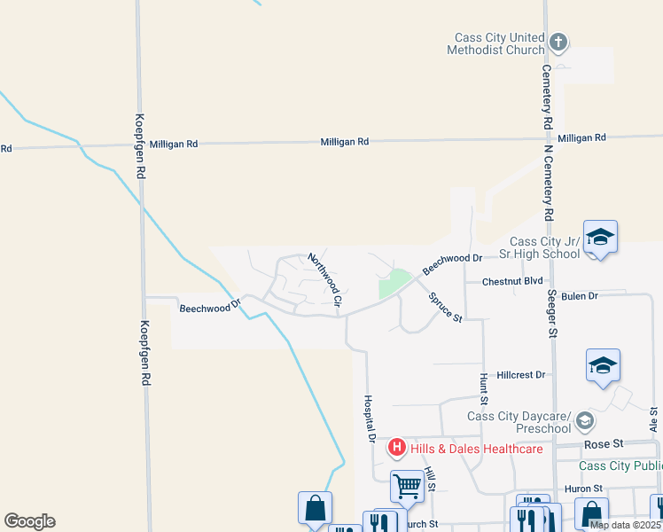 map of restaurants, bars, coffee shops, grocery stores, and more near 4874 Misty Hill Drive in Cass City