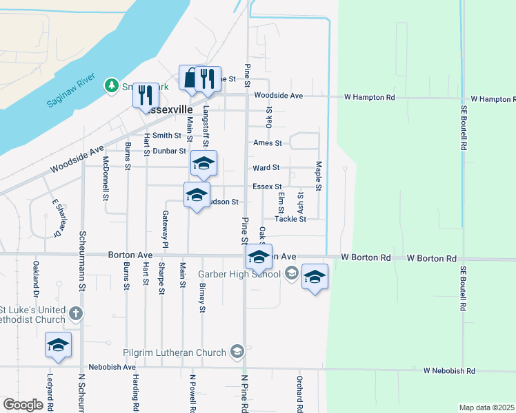 map of restaurants, bars, coffee shops, grocery stores, and more near 704 Oak Street in Essexville