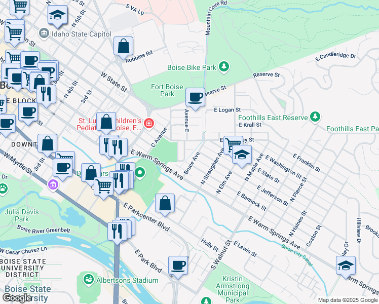 map of restaurants, bars, coffee shops, grocery stores, and more near 211 North Bruce Avenue in Boise