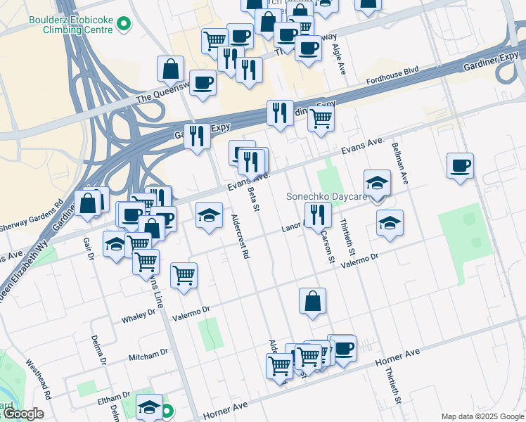 map of restaurants, bars, coffee shops, grocery stores, and more near in Toronto