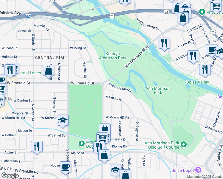 map of restaurants, bars, coffee shops, grocery stores, and more near 3701 Crescent Rim Drive in Boise