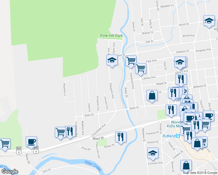 map of restaurants, bars, coffee shops, grocery stores, and more near 63 Pierpoint Avenue in Rutland