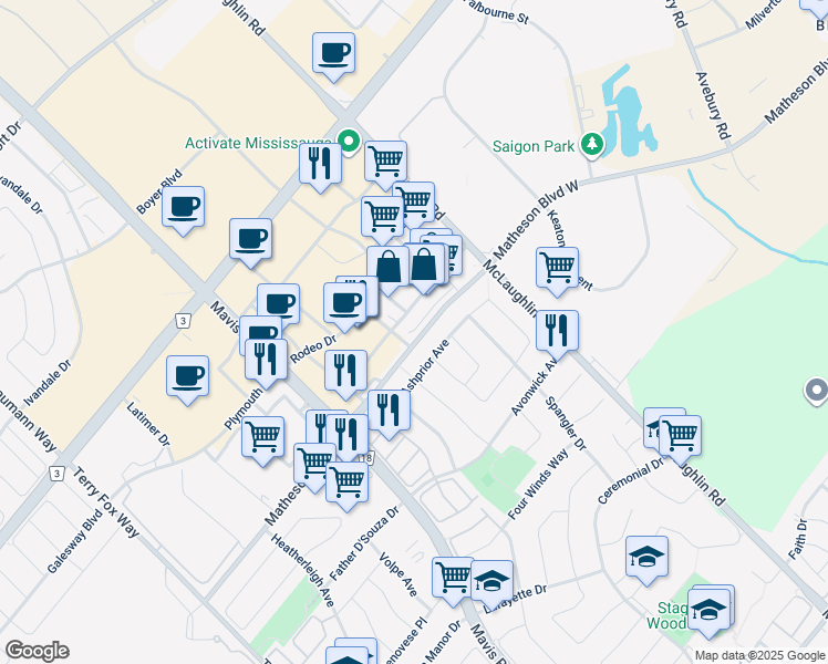 map of restaurants, bars, coffee shops, grocery stores, and more near 600 Venice Street in Mississauga