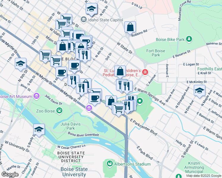 map of restaurants, bars, coffee shops, grocery stores, and more near 101 West Main Street in Boise