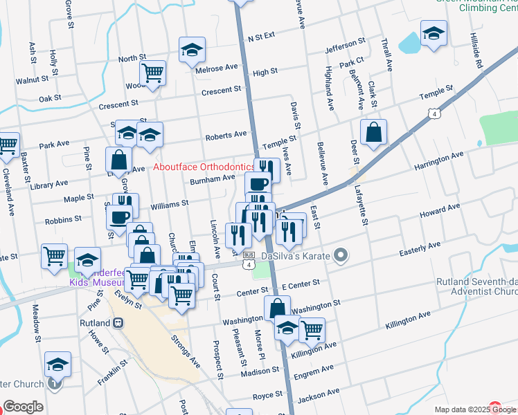 map of restaurants, bars, coffee shops, grocery stores, and more near 37 N Main St in Rutland