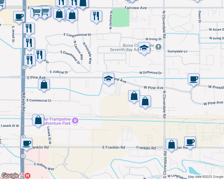 map of restaurants, bars, coffee shops, grocery stores, and more near 4141 East Pine Avenue in Meridian