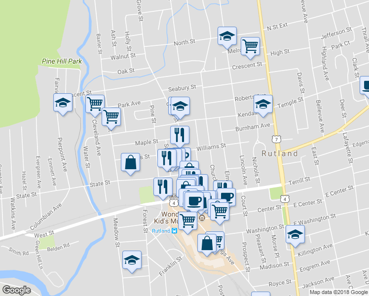 map of restaurants, bars, coffee shops, grocery stores, and more near 74 Grove Street in Rutland