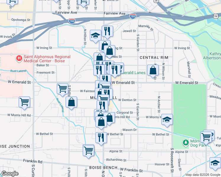 map of restaurants, bars, coffee shops, grocery stores, and more near 709 North Stanley Street in Boise