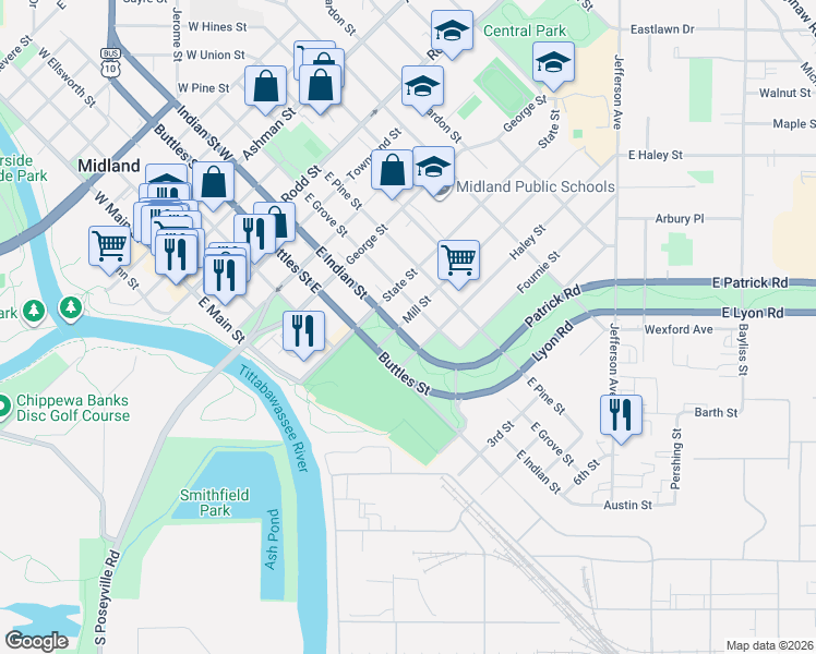 map of restaurants, bars, coffee shops, grocery stores, and more near 901 East Indian Street in Midland
