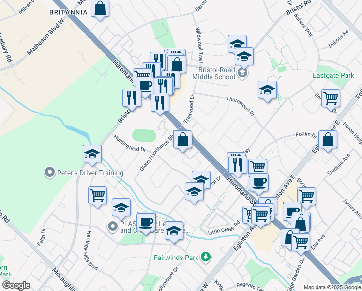 map of restaurants, bars, coffee shops, grocery stores, and more near 75 Strathaven Drive in Mississauga