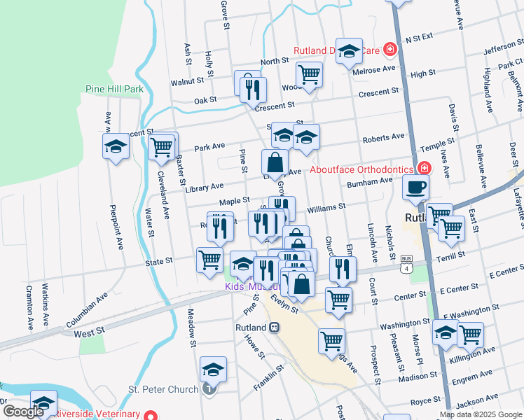 map of restaurants, bars, coffee shops, grocery stores, and more near 51 Summer St in Rutland