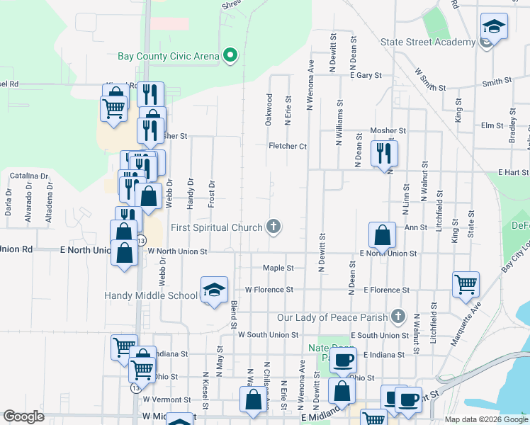 map of restaurants, bars, coffee shops, grocery stores, and more near 913 North Chilson Street in Bay City