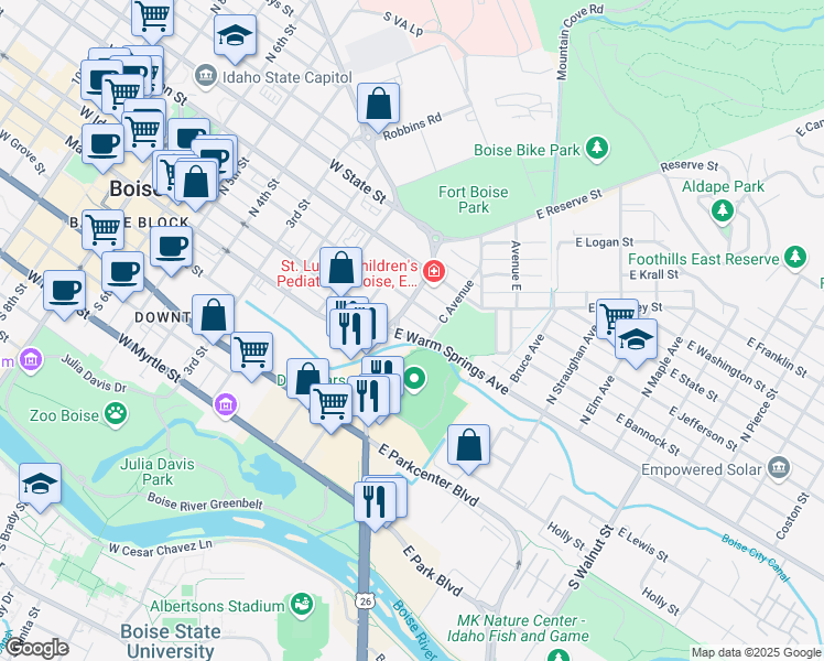 map of restaurants, bars, coffee shops, grocery stores, and more near 310 East Warm Springs Avenue in Boise