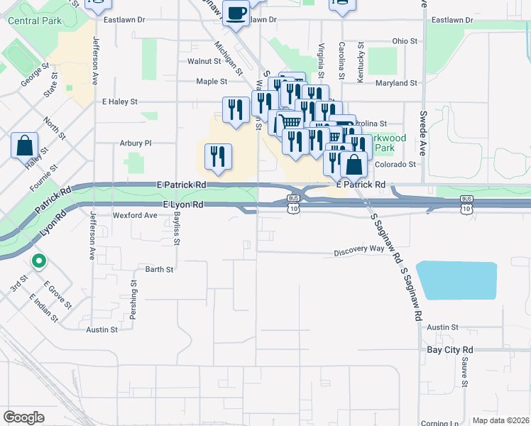 map of restaurants, bars, coffee shops, grocery stores, and more near 800 East Lyon Road in Midland