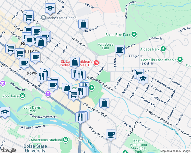 map of restaurants, bars, coffee shops, grocery stores, and more near 111 North Avenue C in Boise