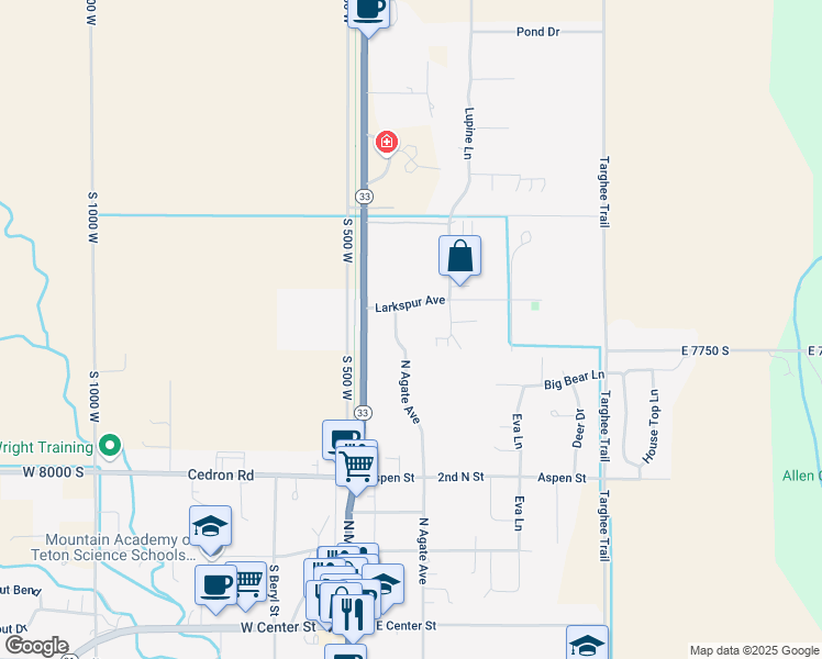 map of restaurants, bars, coffee shops, grocery stores, and more near 381 North Agate Avenue in Victor