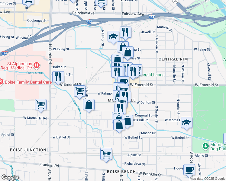 map of restaurants, bars, coffee shops, grocery stores, and more near 5012 West Fairmont Street in Boise